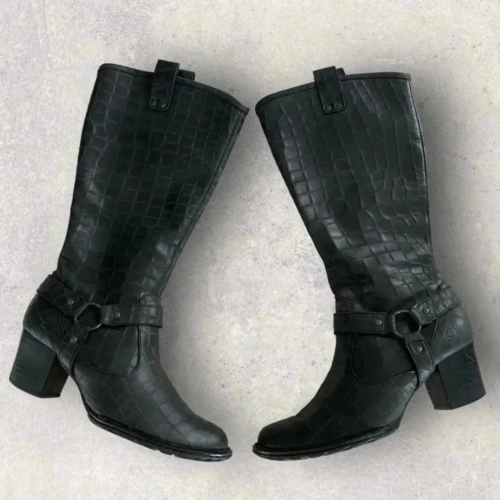 Born  Women’s  Gray‎ Croc Embossed Leather Heeled Mid Calf Western Boots Sz 7.5